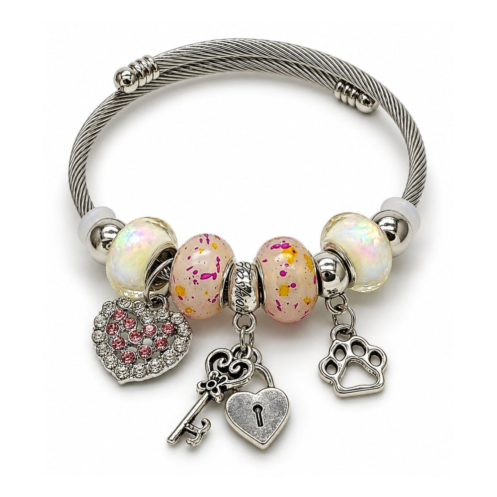 Stainless Steel Individual Bangle, Heart and Lock Design, with Light Rose and Crystal Crystal, Polished, Rhodium Finish