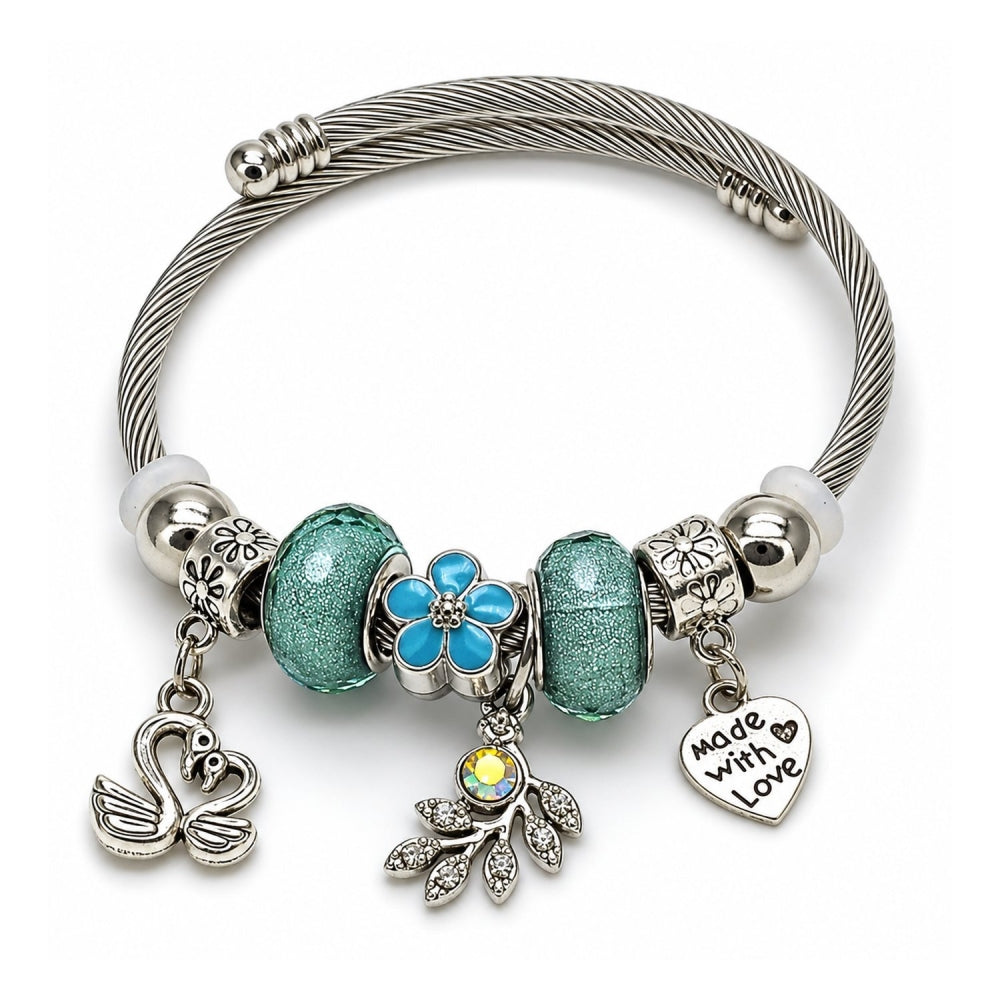 Stainless Steel Individual Bangle, Swan and Heart Design, with Light Turquoise and Aurore Boreale Crystal, Turquoise Enamel Finish, Rhodium Finish