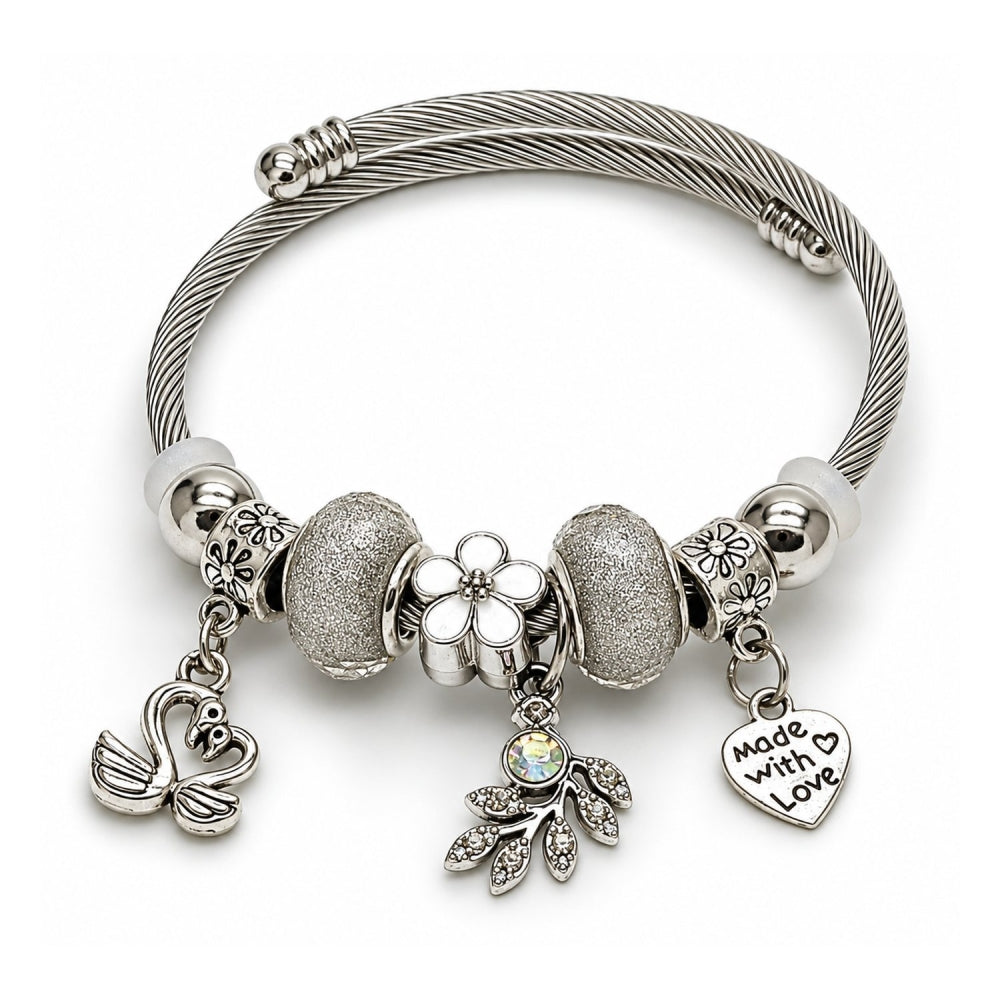 Stainless Steel Individual Bangle, Swan and Heart Design, with Crystal and Aurore Boreale Crystal, White Enamel Finish, Rhodium Finish