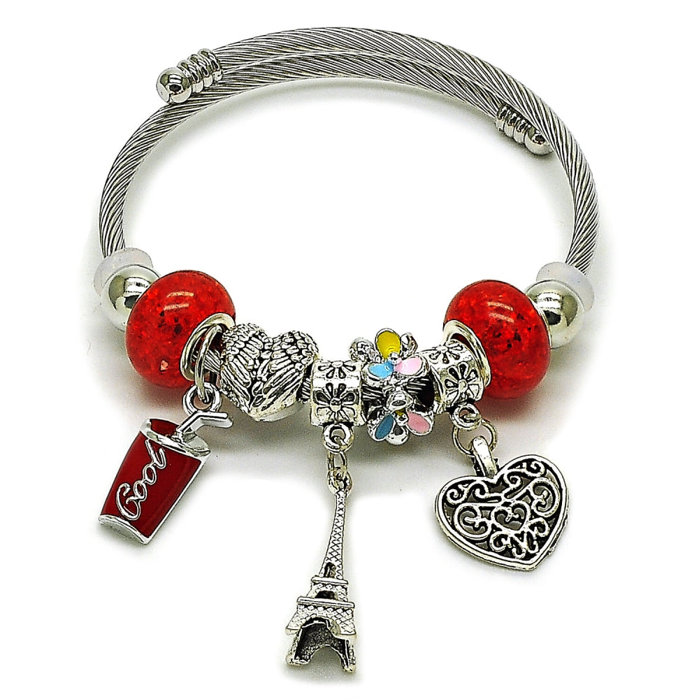 Stainless Steel Individual Bangle, Heart and Eiffel Tower Design, with Light Siam Crystal, Multicolor Enamel Finish, Rhodium Finish