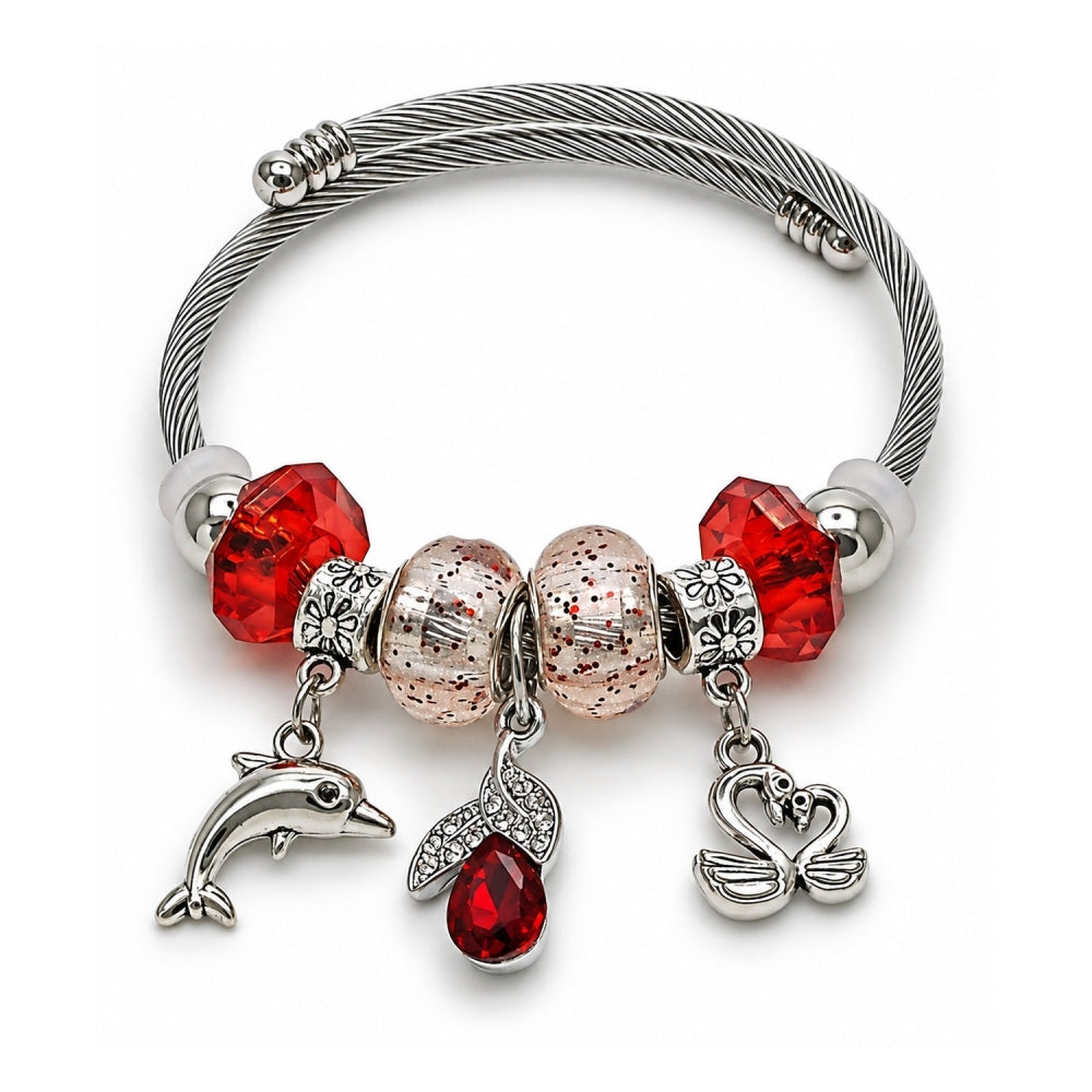 Stainless Steel Individual Bangle, Dolphin and Swan Design, with Light Siam and Crystal Crystal, Polished, Rhodium Finish