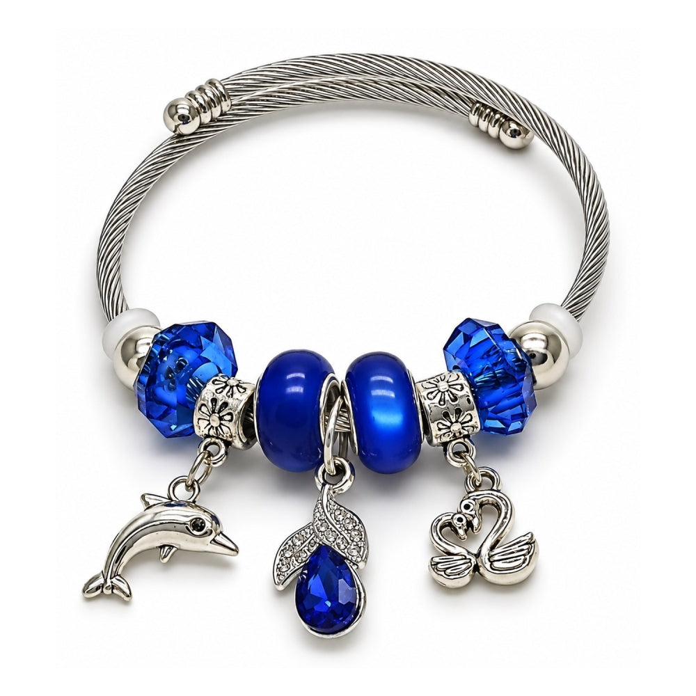 Stainless Steel Individual Bangle, Dolphin and Swan Design, with Capri Blue and Crystal Crystal, Polished, Rhodium Finish