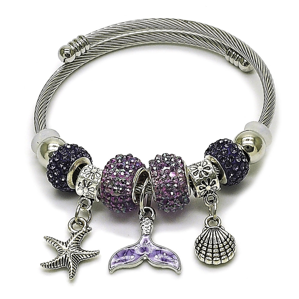 Stainless Steel Individual Bangle, Shell and Fish Design, with Tanzanite Crystal, Purple Enamel Finish, Steel Finish