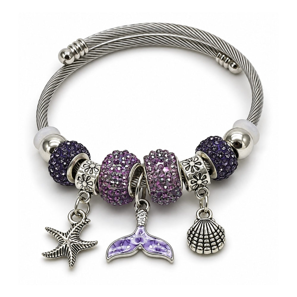 Stainless Steel Individual Bangle, Shell and Fish Design, with Tanzanite Crystal, Purple Enamel Finish, Steel Finish