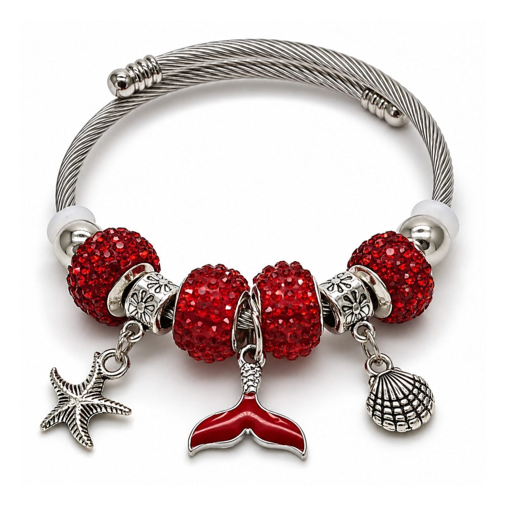 Stainless Steel Individual Bangle, Star and Shell Design, with Light Siam Crystal, Red Enamel Finish, Steel Finish