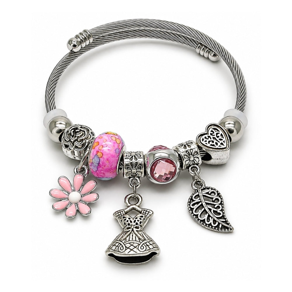 Stainless Steel Individual Bangle, Flower and Leaf Design, with Light Rose Crystal, Pink Enamel Finish, Rhodium Finish