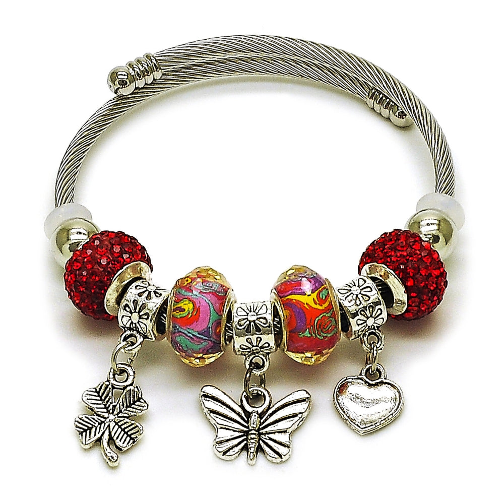 Stainless Steel Individual Bangle, Butterfly and Four-leaf Clover Design, with Light Siam Crystal, Polished, Rhodium Finish