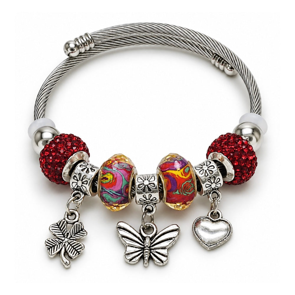 Stainless Steel Individual Bangle, Butterfly and Four-leaf Clover Design, with Light Siam Crystal, Polished, Rhodium Finish