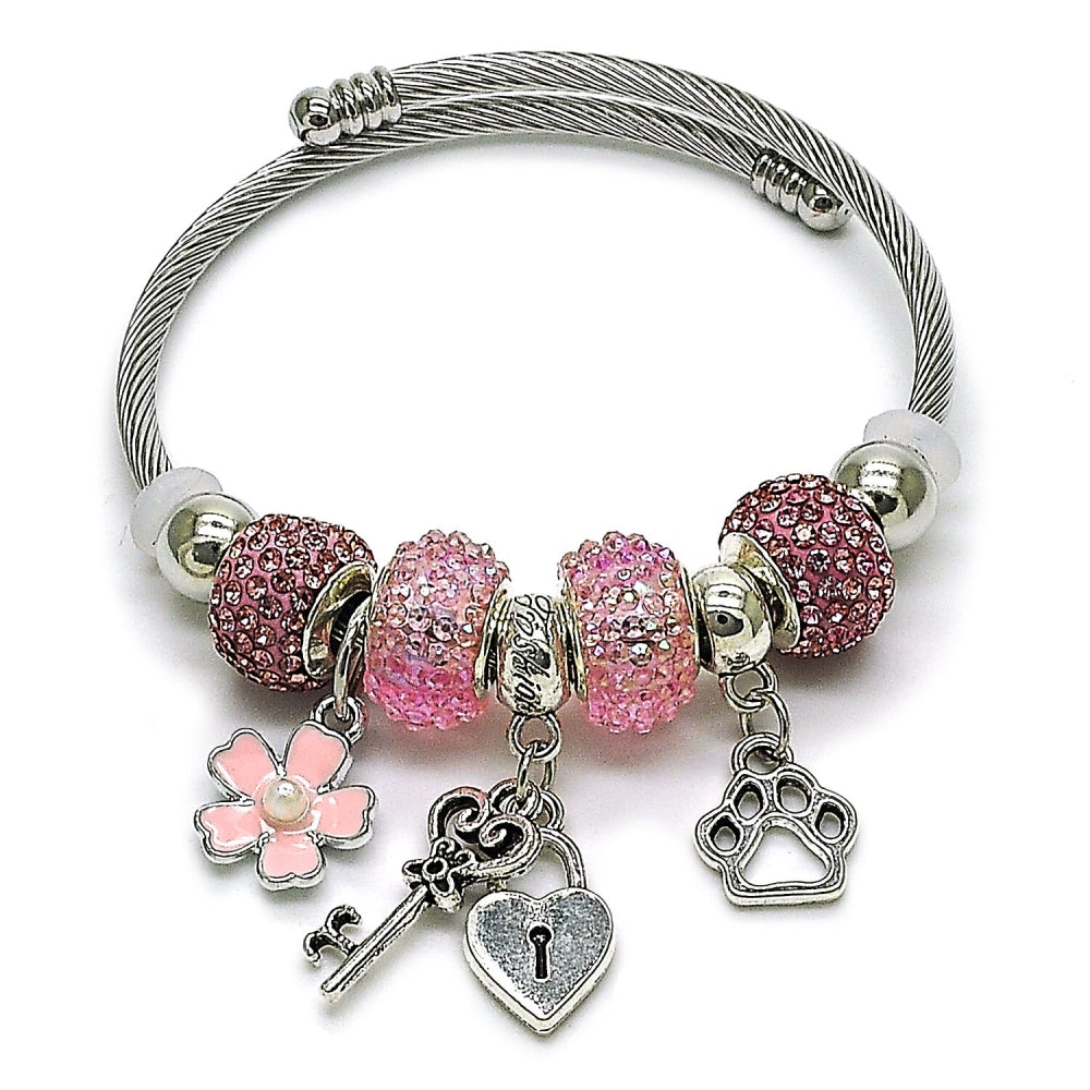 Stainless Steel Individual Bangle, Heart and Lock Design, with Ivory Pearl and Light Rose Crystal, Pink Enamel Finish, Rhodium Finish