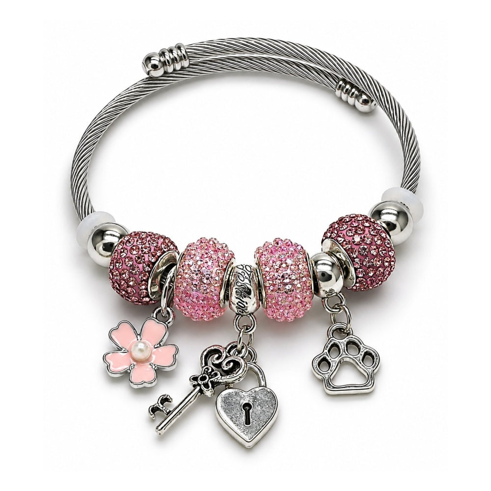 Stainless Steel Individual Bangle, Heart and Lock Design, with Ivory Pearl and Light Rose Crystal, Pink Enamel Finish, Rhodium Finish