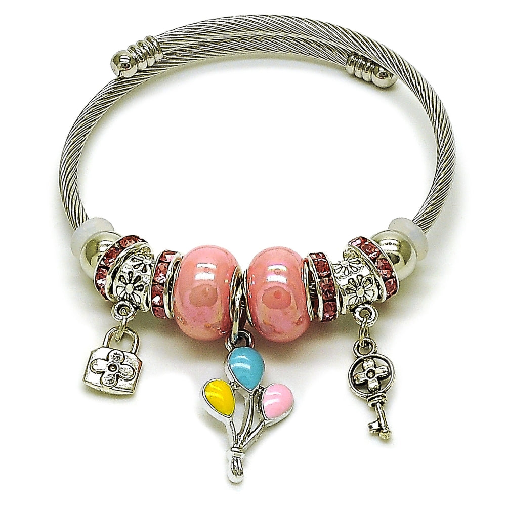 Stainless Steel Individual Bangle, Lock and key Design, with Light Rose Crystal, Multicolor Enamel Finish, Rhodium Finish