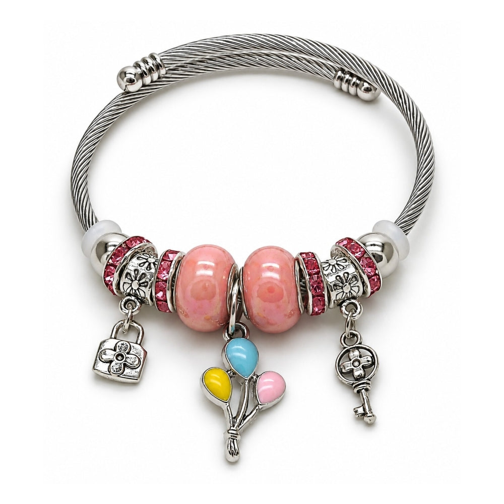 Stainless Steel Individual Bangle, Lock and key Design, with Light Rose Crystal, Multicolor Enamel Finish, Rhodium Finish