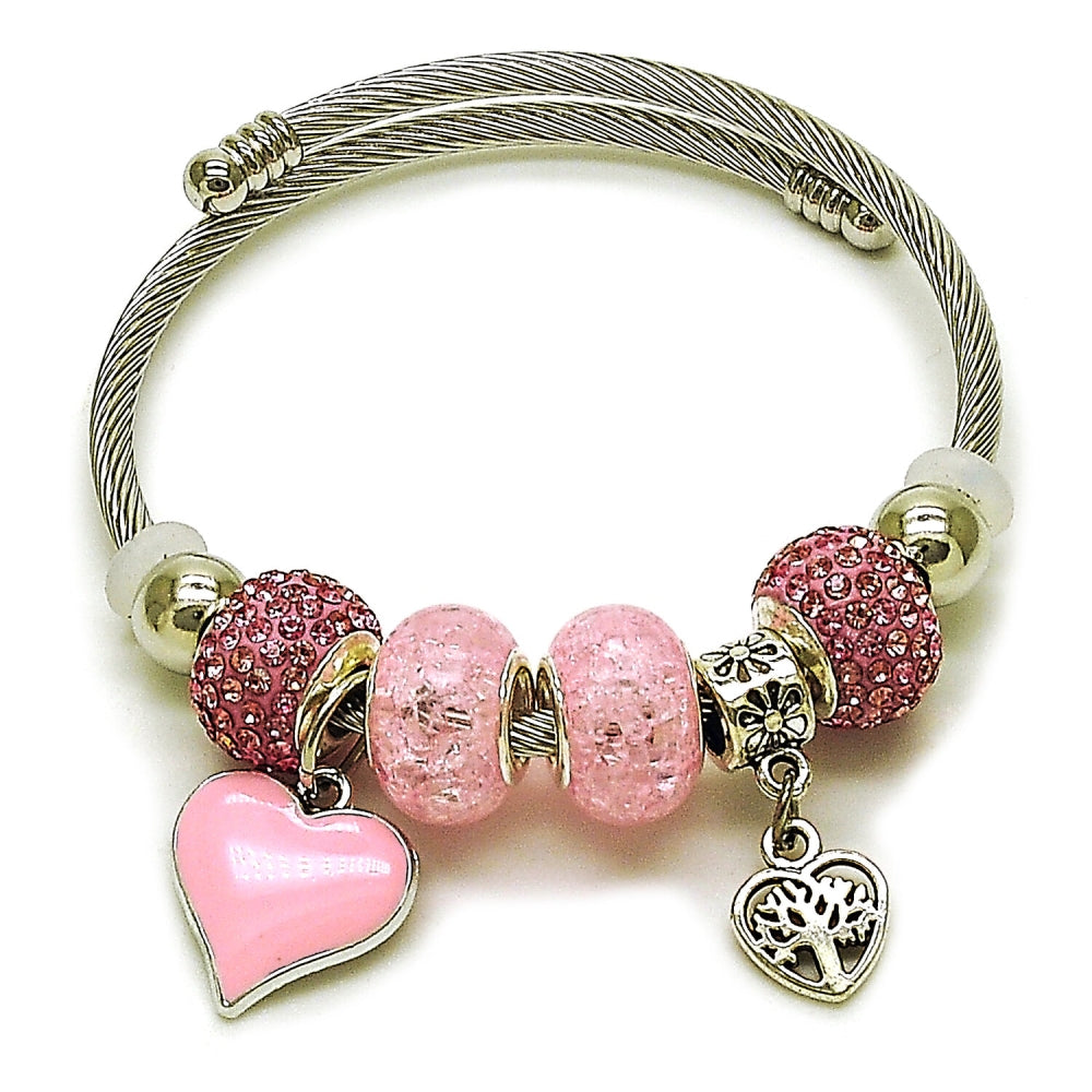 Stainless Steel Individual Bangle, Heart and Tree Design, with Light Rose Crystal, Pink Enamel Finish, Rhodium Finish