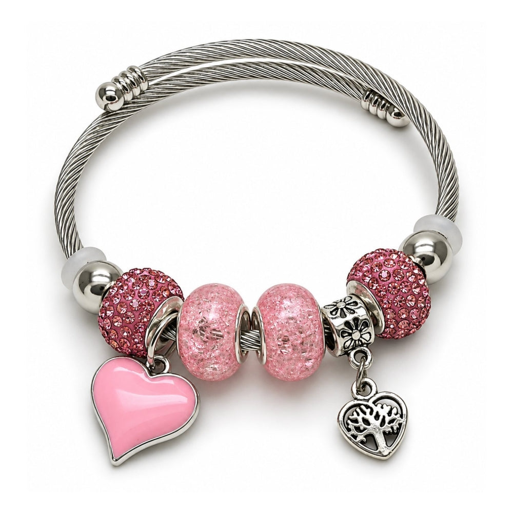 Stainless Steel Individual Bangle, Heart and Tree Design, with Light Rose Crystal, Pink Enamel Finish, Rhodium Finish