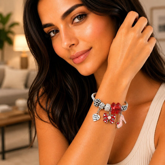 Stainless Steel Individual Bangle, Bow and Heart Design, with Light Silk and Crystal Crystal, Red Enamel Finish, Rhodium Finish
