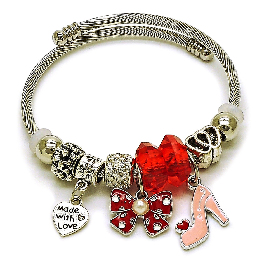 Stainless Steel Individual Bangle, Bow and Heart Design, with Light Silk and Crystal Crystal, Red Enamel Finish, Rhodium Finish