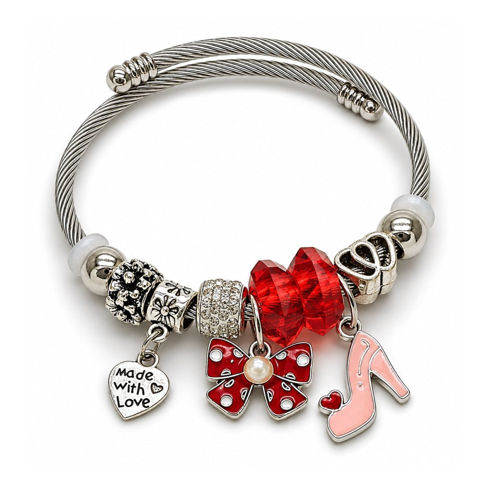 Stainless Steel Individual Bangle, Bow and Heart Design, with Light Silk and Crystal Crystal, Red Enamel Finish, Rhodium Finish