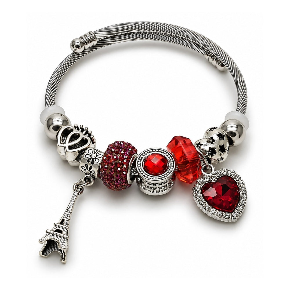 Stainless Steel Individual Bangle, Heart and Eiffel Tower Design, with Light Siam and Crystal Crystal, Polished, Rhodium Finish