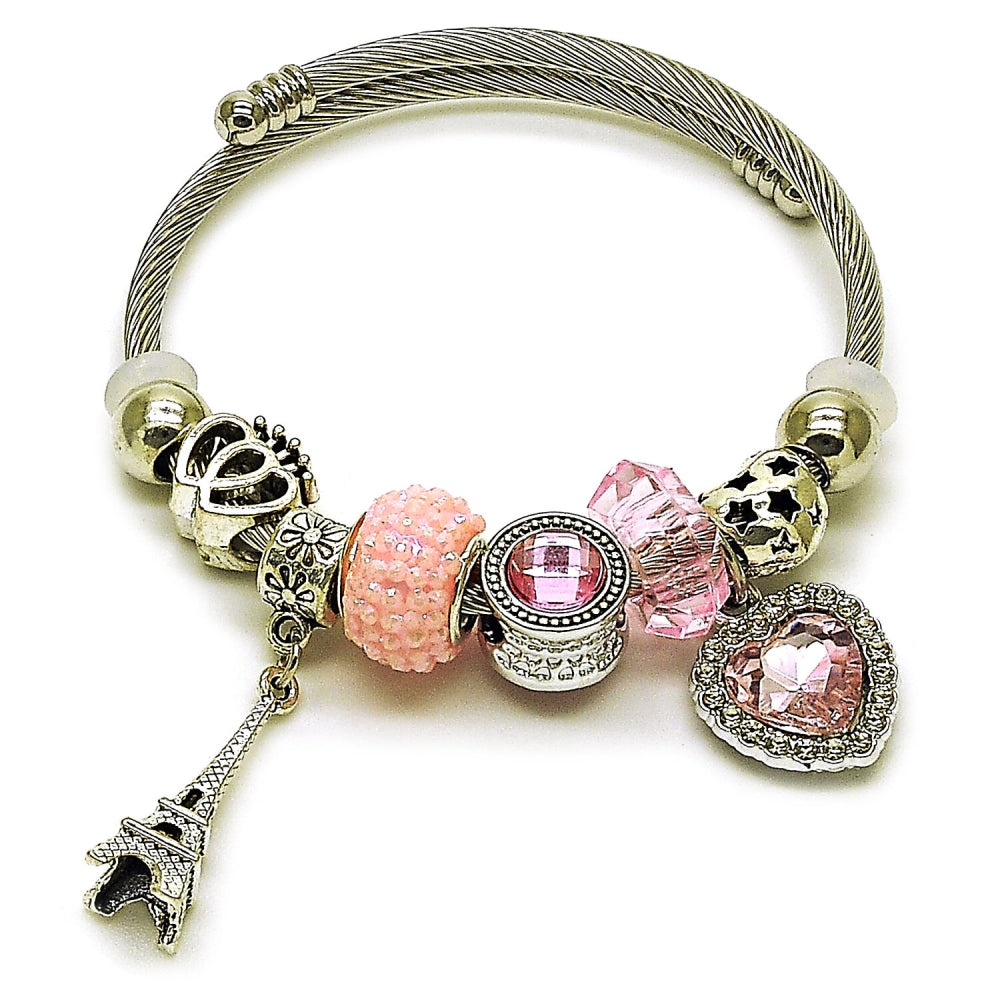 Stainless Steel Individual Bangle, Heart and Eiffel Tower Design, with Light Rose and Crystal Crystal, Polished, Rhodium Finish
