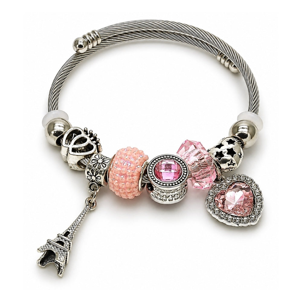 Stainless Steel Individual Bangle, Heart and Eiffel Tower Design, with Light Rose and Crystal Crystal, Polished, Rhodium Finish