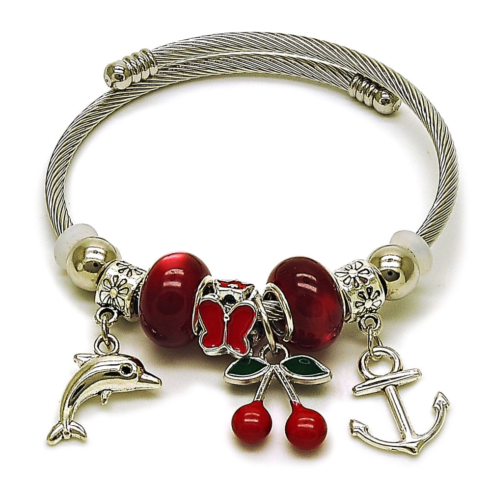 Stainless Steel Individual Bangle, Anchor and Dolphin Design, with Siam Crystal, Red Enamel Finish, Rhodium Finish