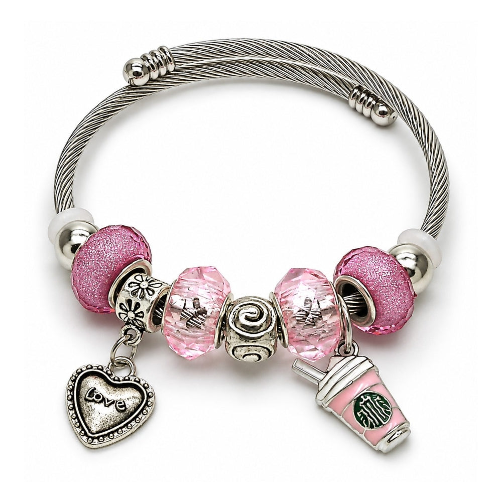 Stainless Steel Individual Bangle, Heart and Drink Glass Design, with Light Rose Crystal, Pink Enamel Finish, Rhodium Finish
