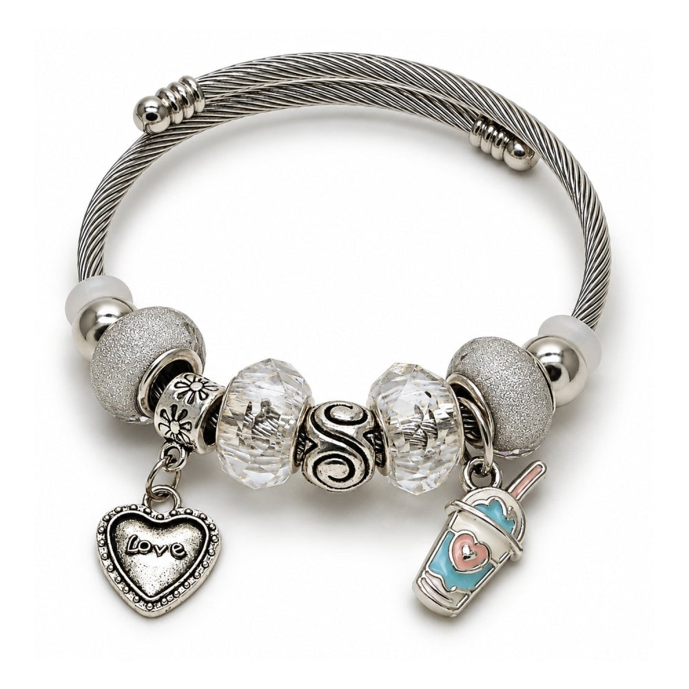 Stainless Steel Individual Bangle, Heart and Drink Glass Design, with Crystal Crystal, White Enamel Finish, Rhodium Finish