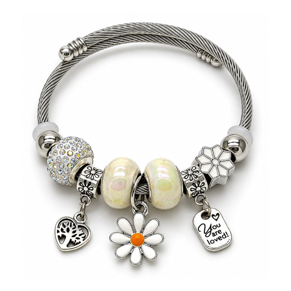 Stainless Steel Individual Bangle, Flower and Heart Design, with Aurore Boreale and Ivory Crystal, White Enamel Finish, Rhodium Finish