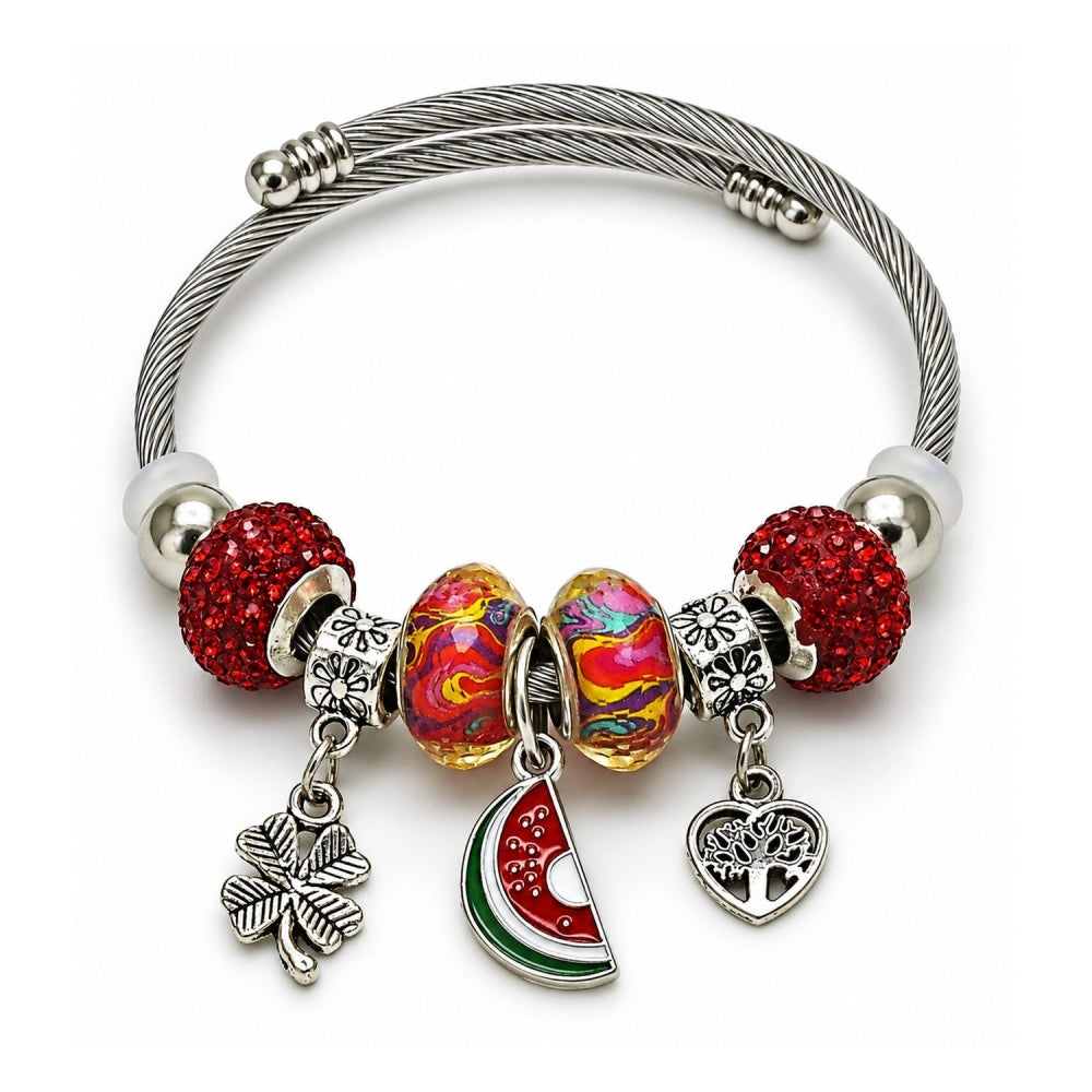 Stainless Steel Individual Bangle, Watermelon and Four-leaf Clover Design, with Light Siam Crystal, Red Enamel Finish, Rhodium Finish