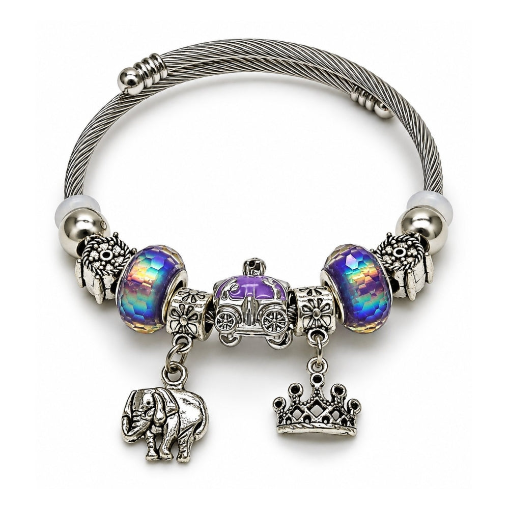 Stainless Steel Individual Bangle, Elephant and Crown Design, with Violet Crystal, Polished, Rhodium Finish