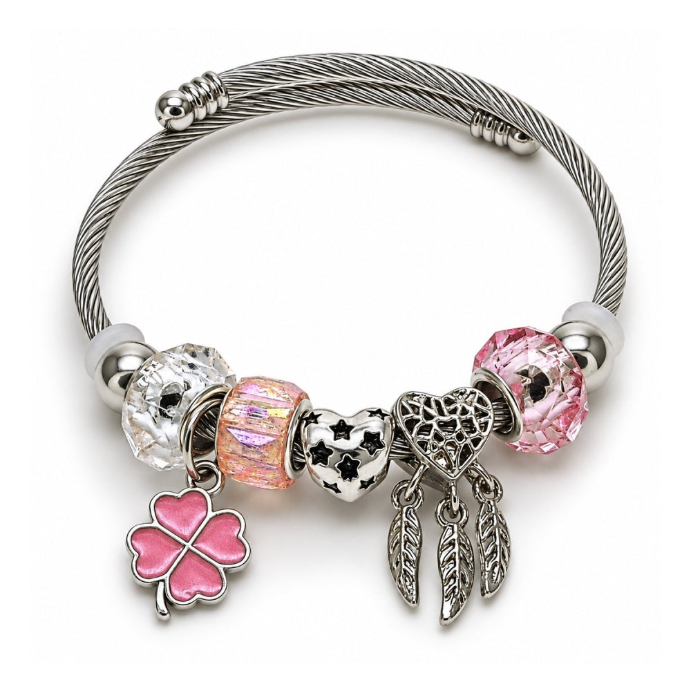 Stainless Steel Individual Bangle, Four-leaf Clover and Heart Design, with Light Rose and Crystal Crystal, Pink Enamel Finish, Rhodium Finish