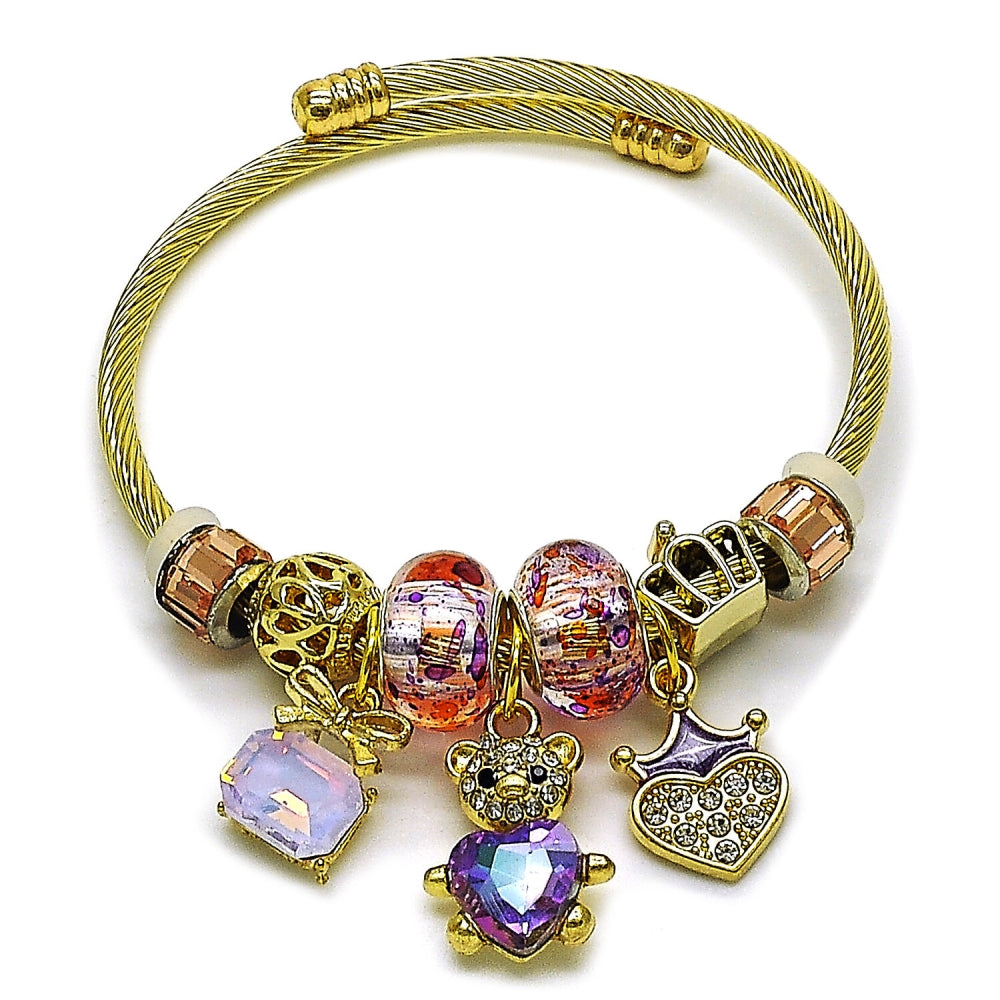 Stainless Steel Individual Bangle, Teddy Bear and Heart Design, with Amethyst and Light Peach Crystal, Purple Enamel Finish, Golden Finish