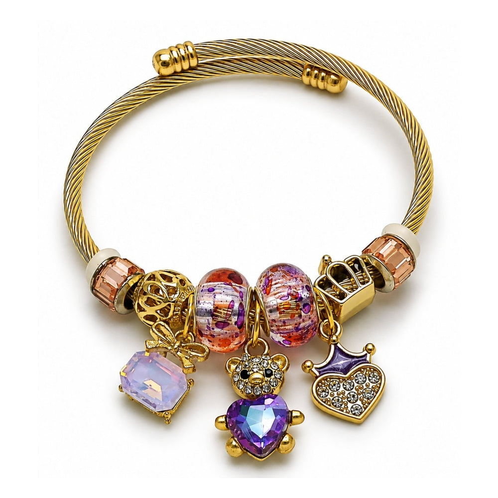 Stainless Steel Individual Bangle, Teddy Bear and Heart Design, with Amethyst and Light Peach Crystal, Purple Enamel Finish, Golden Finish