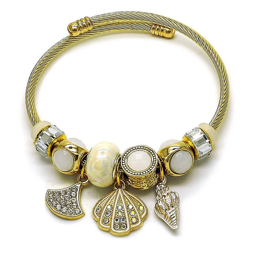 Stainless Steel Individual Bangle, Shell and Snail Design, with Crystal and Ivory Crystal, White Enamel Finish, Golden Finish