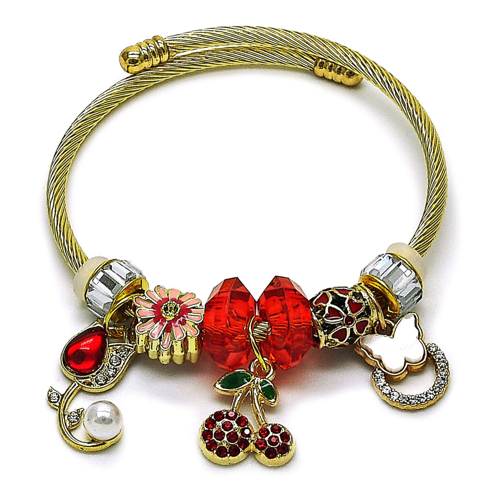 Stainless Steel Individual Bangle, Flower and Cherry Design, with Light Siam and Crystal Crystal, Red Enamel Finish, Golden Finish
