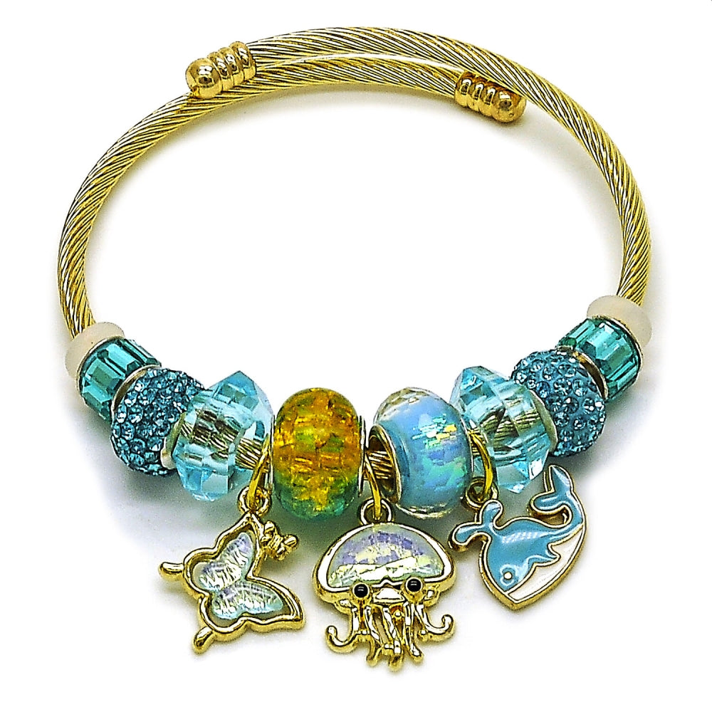 Stainless Steel Individual Bangle, Fish and Butterfly Design, with Light Turquoise Crystal, Turquoise Enamel Finish, Golden Finish