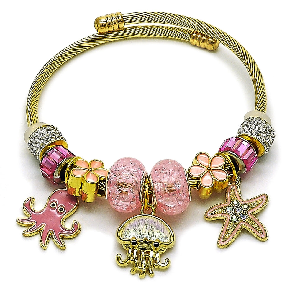 Stainless Steel Individual Bangle, Star and Flower Design, with Rose and Light Rose Crystal, Pink Enamel Finish, Golden Finish