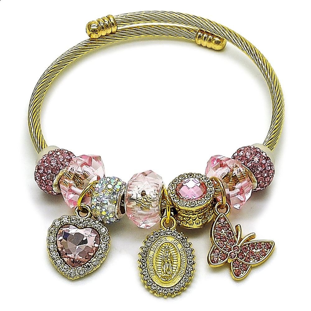 Stainless Steel Individual Bangle, Guadalupe and Heart Design, with Light Rose and Crystal Crystal, Polished, Golden Finish
