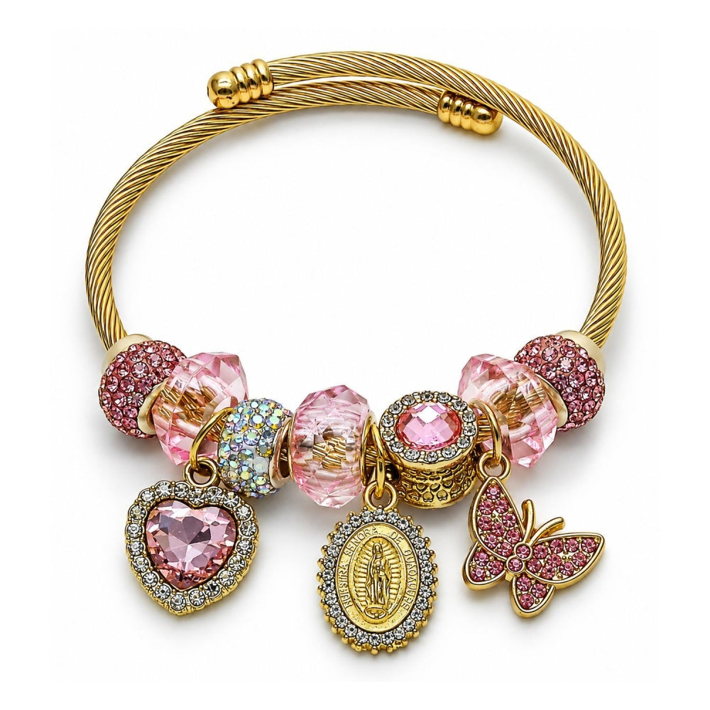 Stainless Steel Individual Bangle, Guadalupe and Heart Design, with Light Rose and Crystal Crystal, Polished, Golden Finish