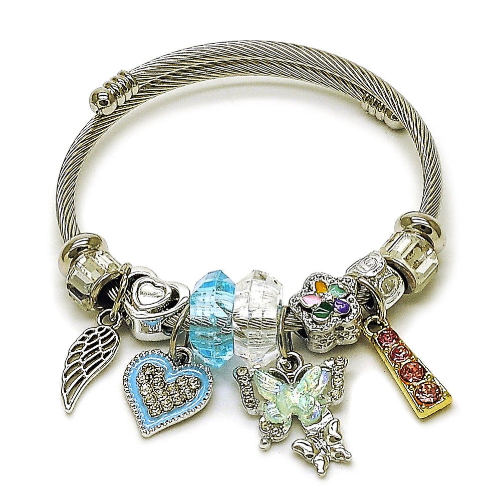 Stainless Steel Individual Bangle, Butterfly and Heart Design, with Crystal and Light Turquoise Crystal, Turquoise Enamel Finish, Two Tone