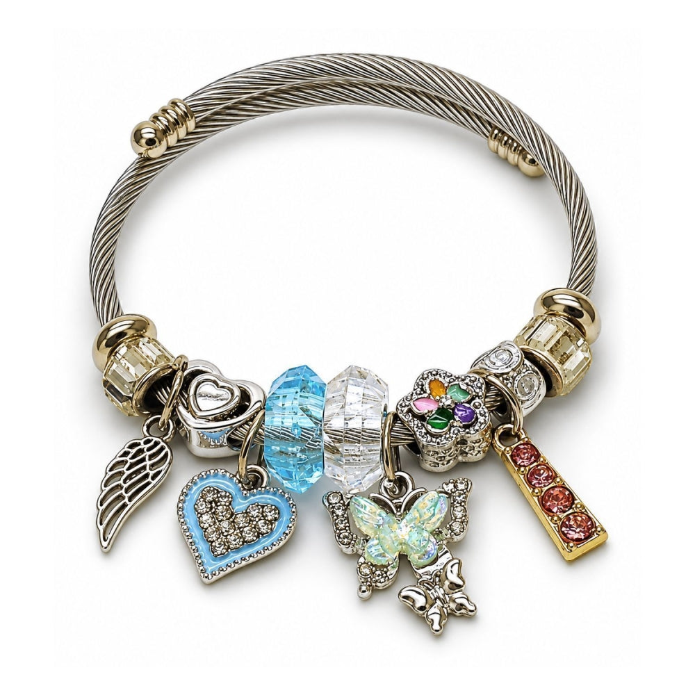 Stainless Steel Individual Bangle, Butterfly and Heart Design, with Crystal and Light Turquoise Crystal, Turquoise Enamel Finish, Two Tone
