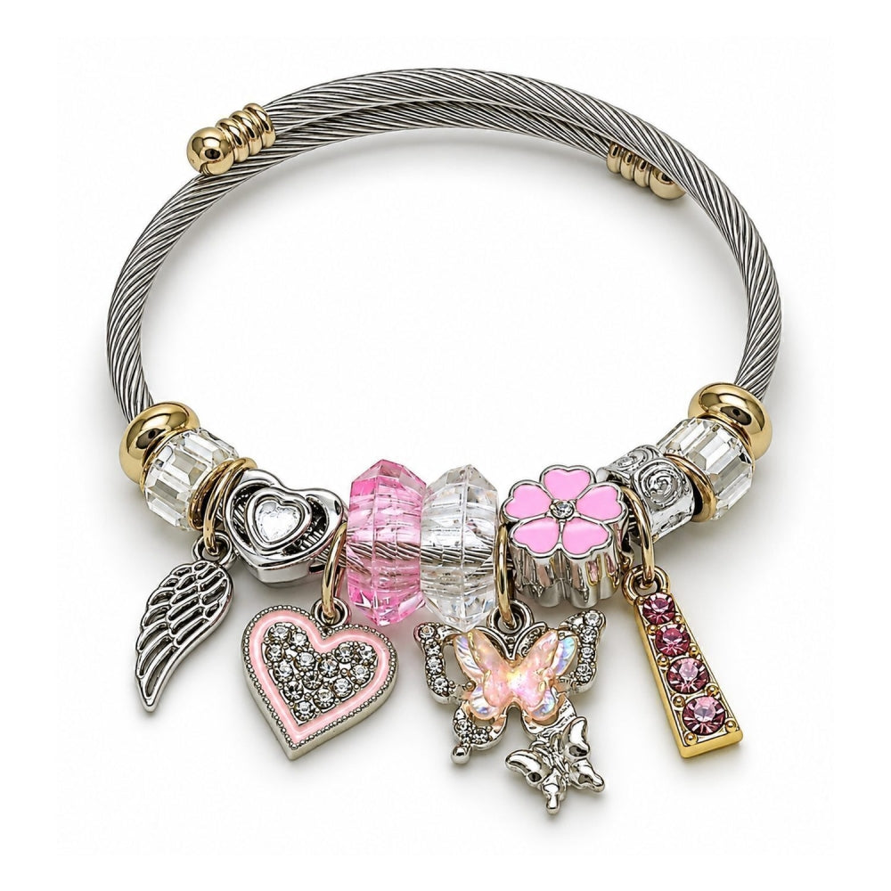 Stainless Steel Individual Bangle, Butterfly and Heart Design, with Crystal and Light Rose Crystal, Pink Enamel Finish, Two Tone