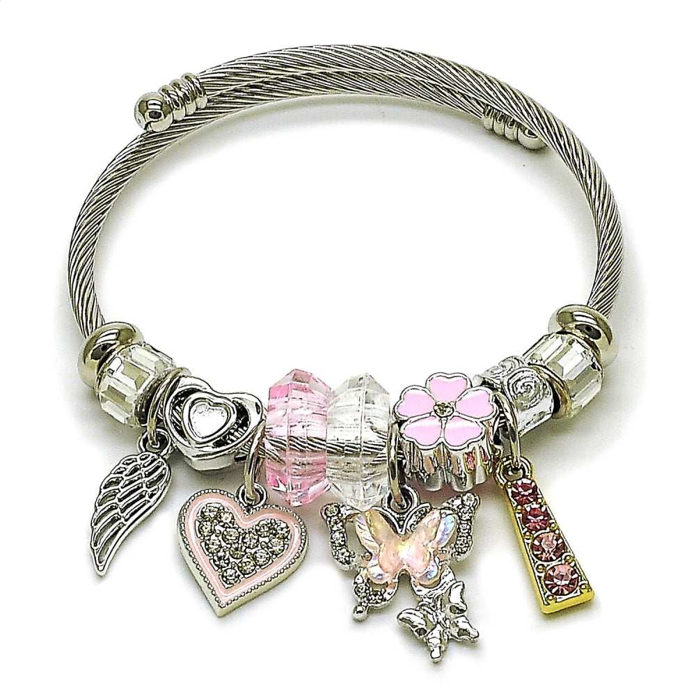 Stainless Steel Individual Bangle, Butterfly and Heart Design, with Crystal and Light Rose Crystal, Pink Enamel Finish, Two Tone