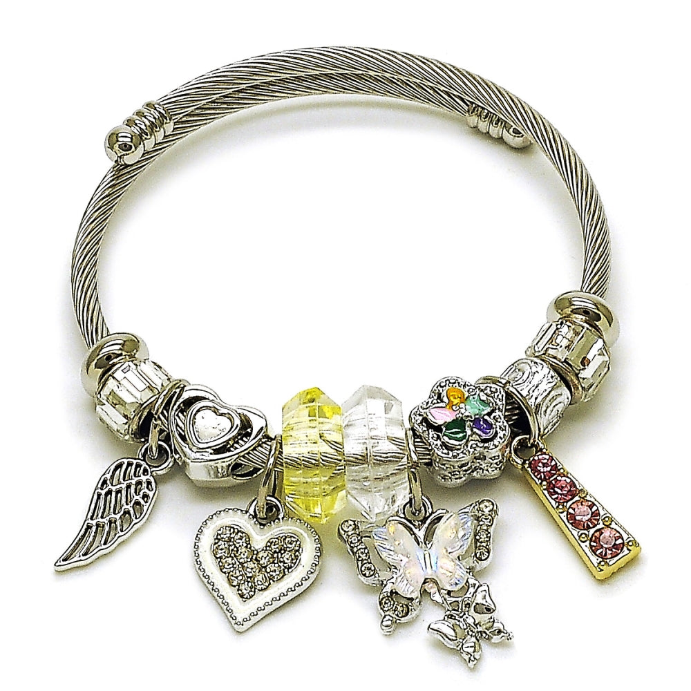 Stainless Steel Individual Bangle, Butterfly and Heart Design, with Crystal and Light Rose Crystal, White Enamel Finish, Two Tone