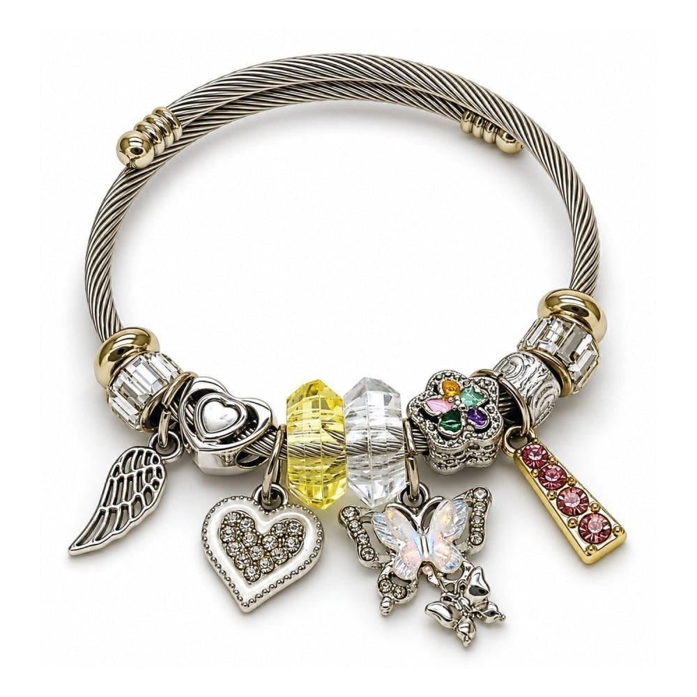 Stainless Steel Individual Bangle, Butterfly and Heart Design, with Crystal and Light Rose Crystal, White Enamel Finish, Two Tone