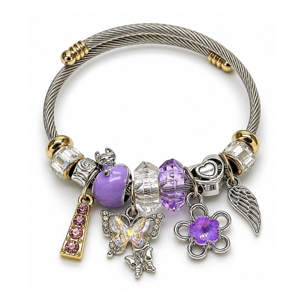 Stainless Steel Individual Bangle, Butterfly and Flower Design, with Violet and Crystal Crystal, Purple Enamel Finish, Two Tone