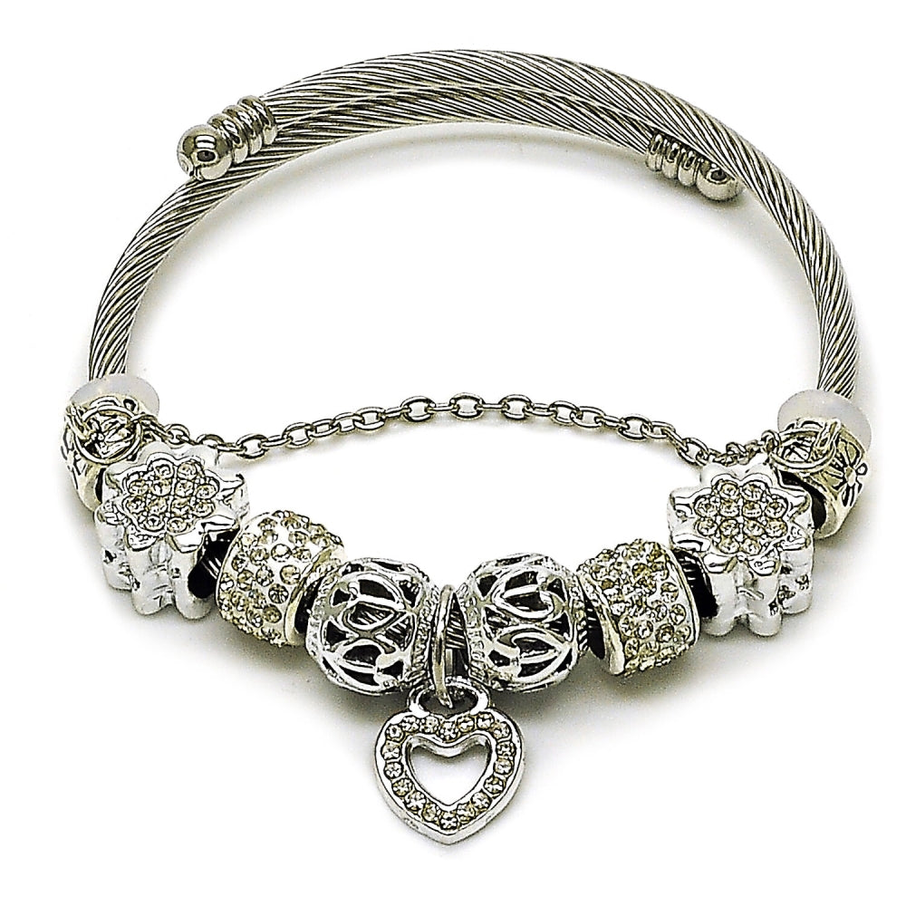Stainless Steel Individual Bangle, Heart and Flower Design, with Crystal Crystal, Polished, Rhodium Finish