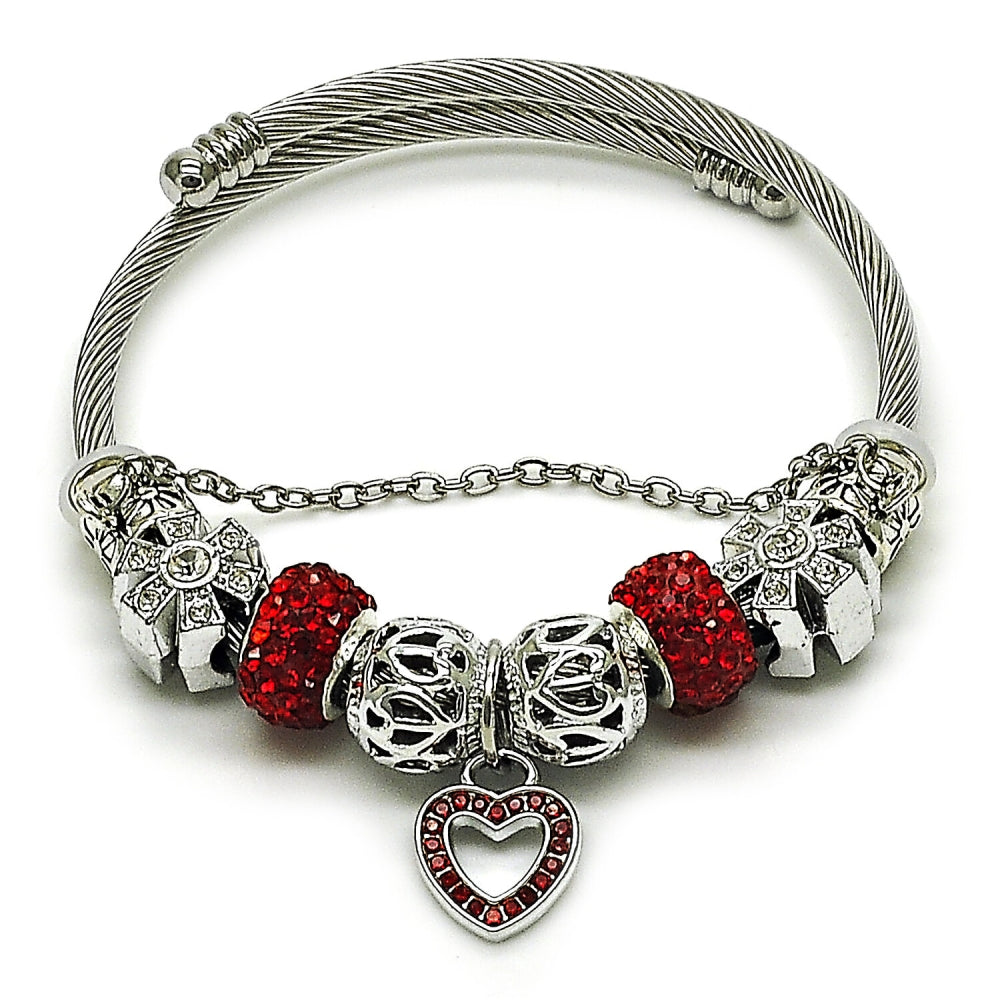 Stainless Steel Individual Bangle, Heart and Flower Design, with Light Siam and Crystal Crystal, Polished, Rhodium Finish