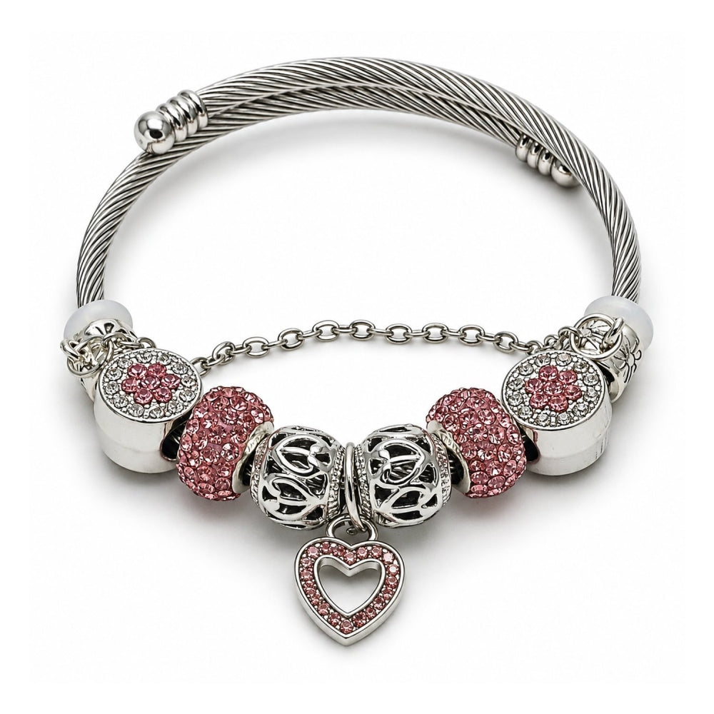 Stainless Steel Individual Bangle, Heart and Flower Design, with Crystal and Light Rose Crystal, Polished, Rhodium Finish