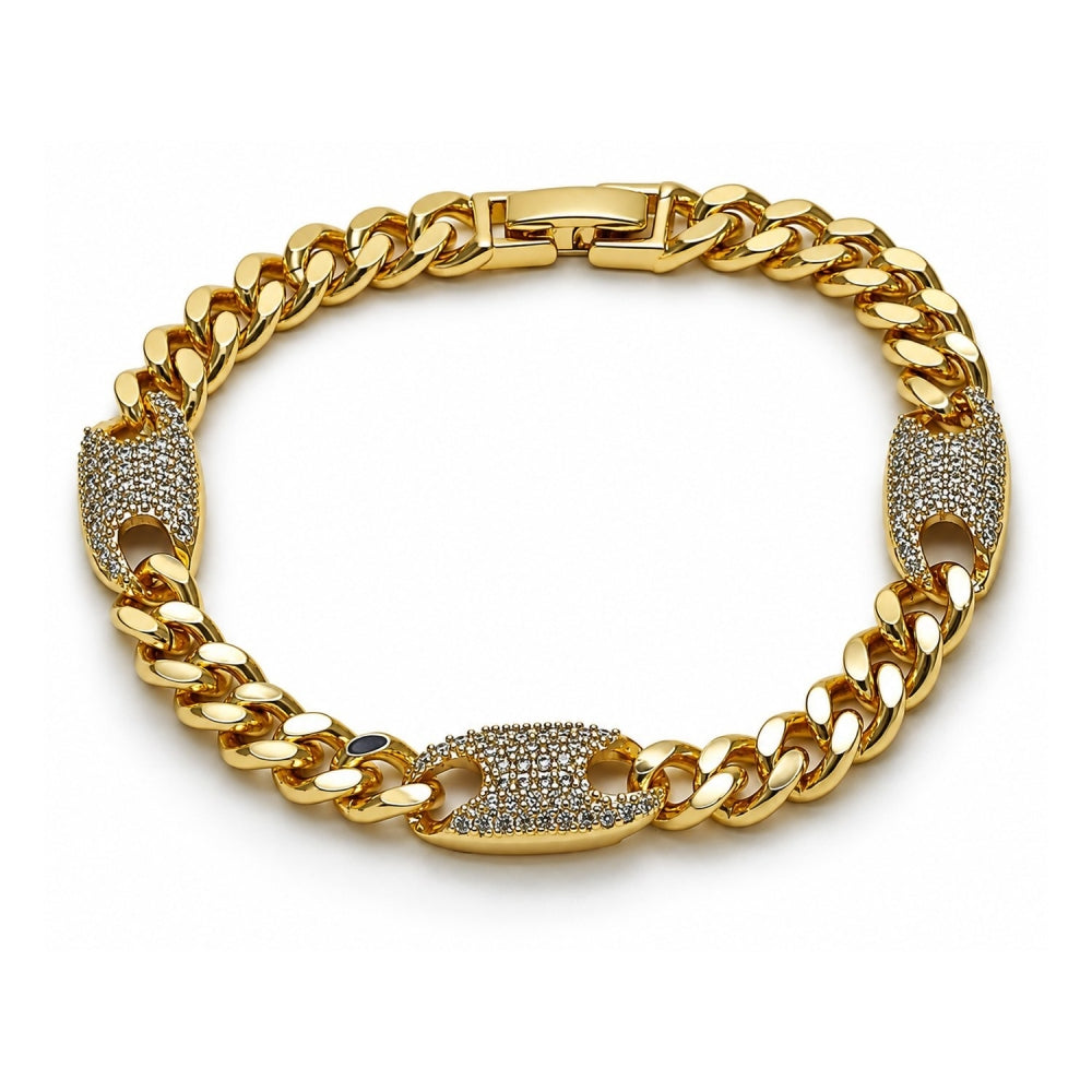 Oro Laminado Fancy Bracelet, Gold Filled Style Puff Mariner and Miami Cuban Design, with White Cubic Zirconia, Polished, Golden Finish